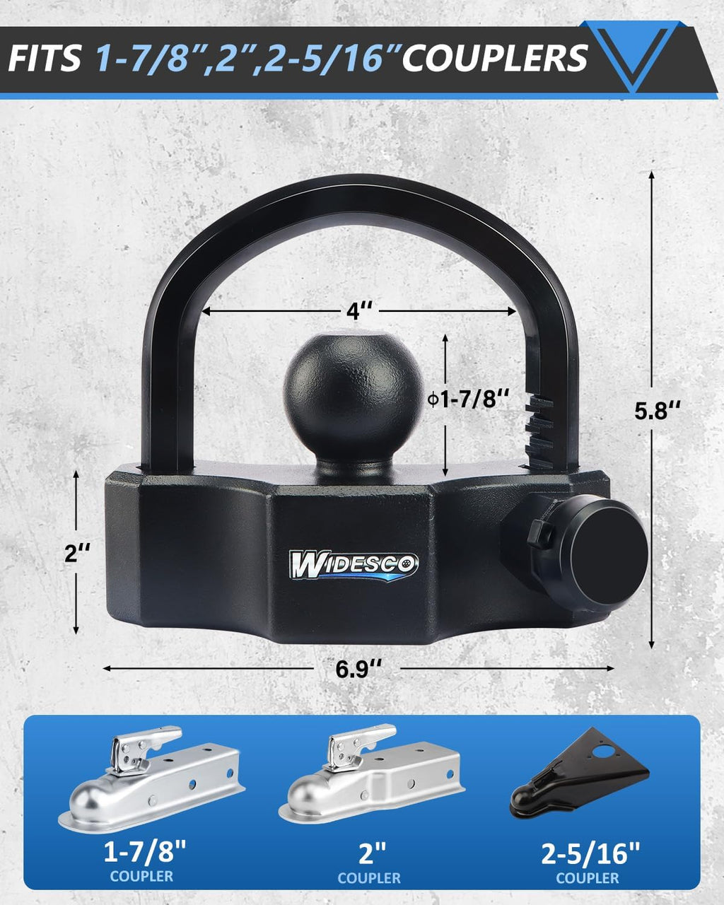 Universal Trailer Coupler Lock - Heavy Duty Anti-Theft Trailer Hitch Lock for 1-7/8", 2", 2-5/16" Couplers, Adjustable Security for RV, Boat, Cargo Trailers, Weatherproof, Black
