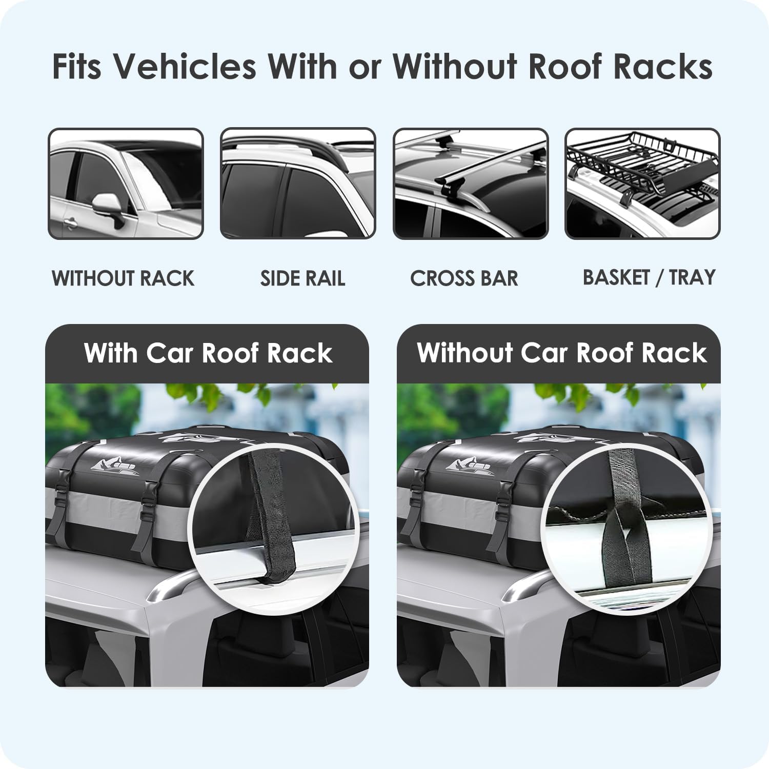 Car Rooftop Cargo Carrier Bag 20 Cubic Feet, 100% Waterproof Heavy Duty Car Roof Bag for All Vehicle with/Without Racks - Anti-Slip Mat, 6 Door Hooks, Storage Bags, 5CM Straps(Gray)