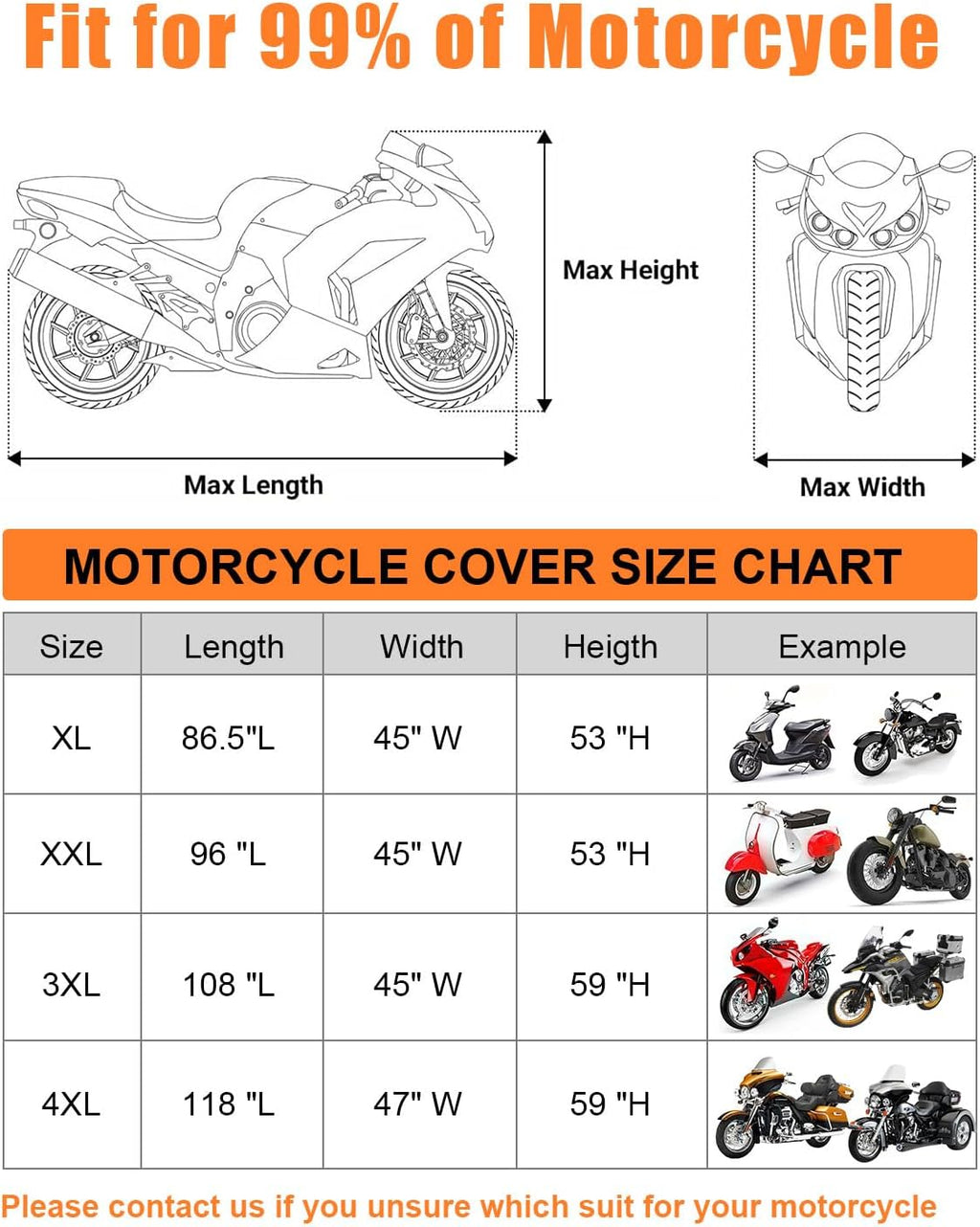 Full Enclosed Large Motorcycle Cover Waterproof Outdoor/Indoor Storage Motorcycle Cover Heavy Duty with Reflective Strips Fits Motorcycles Length up to 118" with Side+Top Box (Black+Sliver)