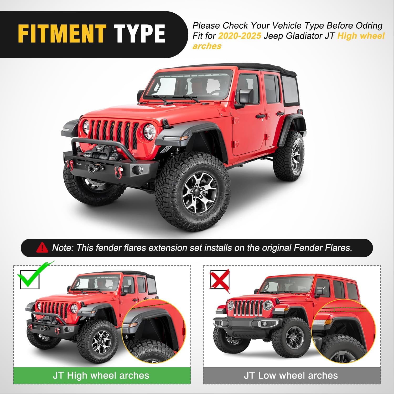 Nilight Fender Flares Extensions Set Compatible with 2020 2021 2022 2023 2024 2025 2026 Gladiator JT Mojave & Rubicon (Only for High Wheel Arches) Off-Road Widened Front Rear Flat 4 PCS