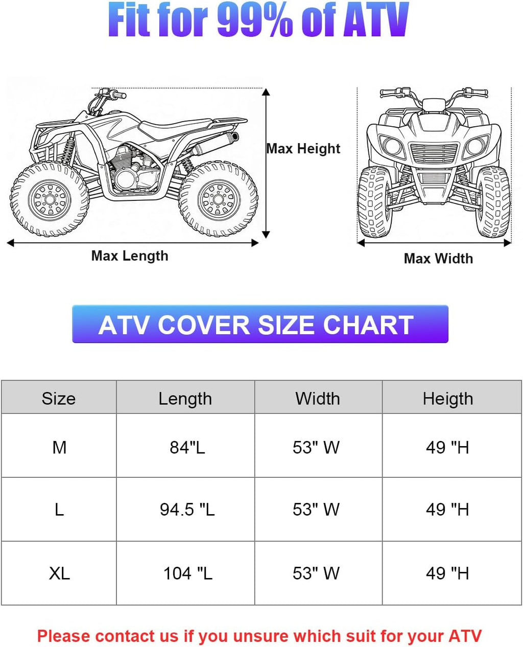 Full Enclosed ATV Cover Waterproof Outdoor Heavy Duty 4 Wheeler Cover All Season Weather Proof Quad Cover with Reflective Strips Fits ATV Length up to 84" Windproof Sunproof Dustproof