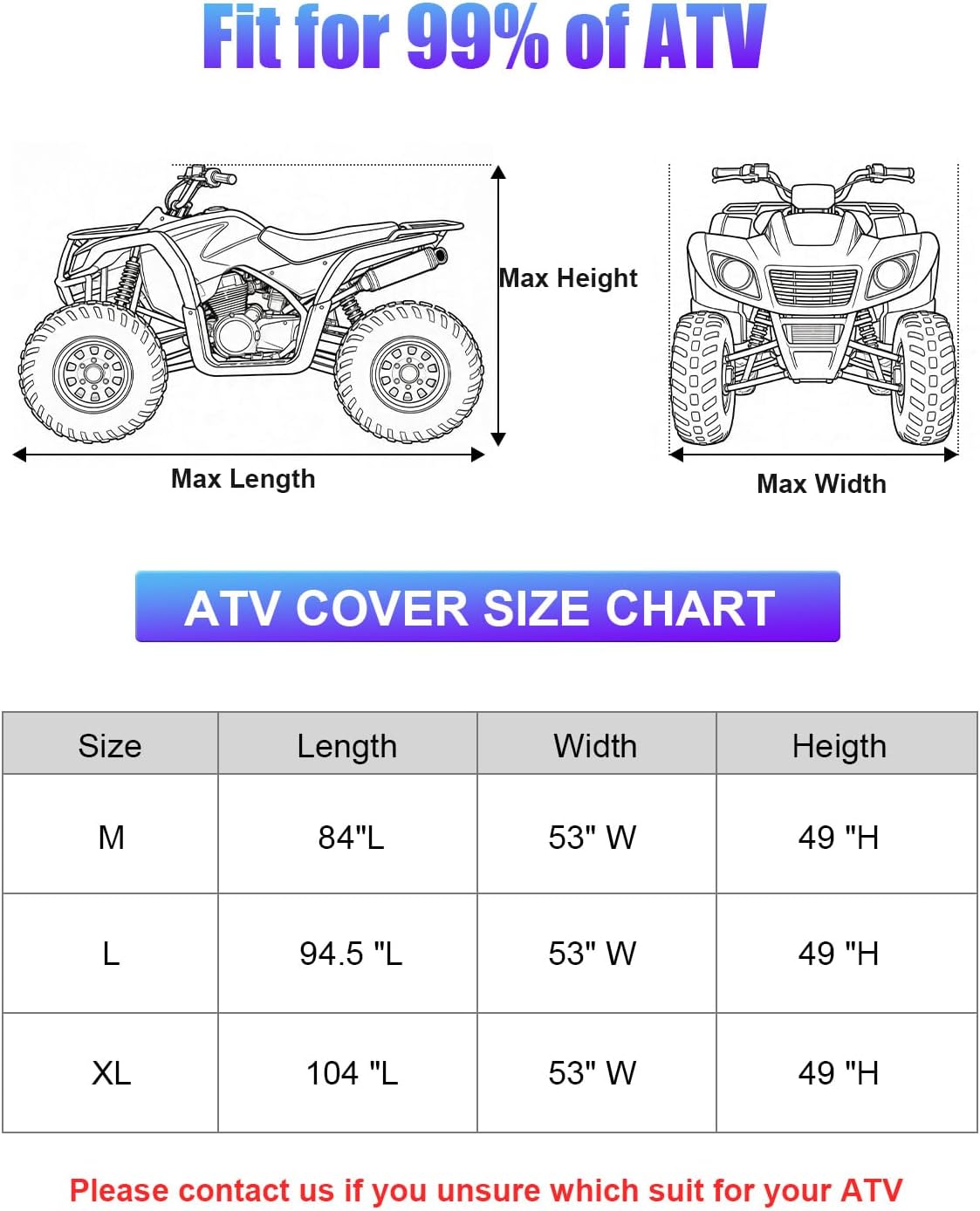 Full Enclosed ATV Cover Waterproof Outdoor Heavy Duty 4 Wheeler Cover All Season Weather Proof Quad Cover with Reflective Strips Fits ATV Length up to 84" Windproof Sunproof Dustproof