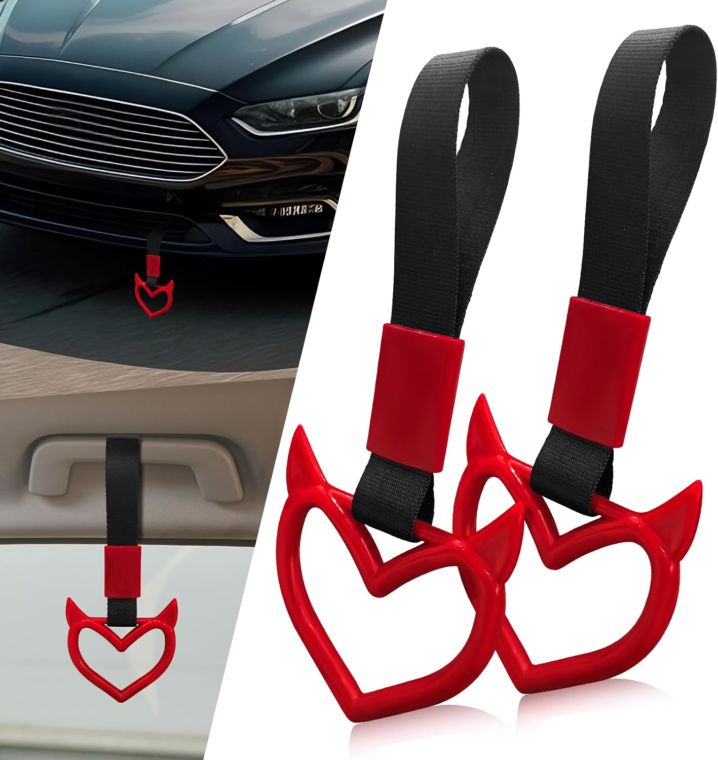 2 Pcs Devil Heart Shaped Car Handle Strap – Drift Charm Rear Bumper Warning Ring Decor for Car Interior Exterior, Subway Bus Handle Accessory, Cute Heart Car Decor Gift for Drivers (Red)
