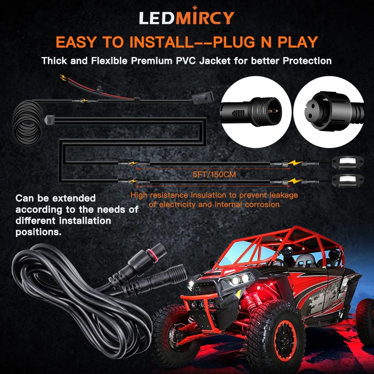 LEDMIRCY LED Rock Lights Extension Cable 2 Pins Wire Connectors 6PCS 5ft 22AWG Female Male Waterproof Extension Cable 11mm Nut Small Size for LED Strip Light Driving Fog Lights(Only for Single Color)