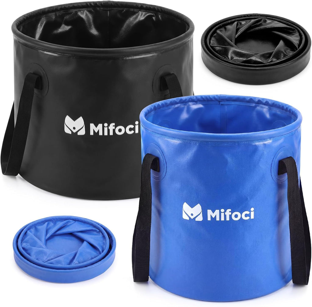 Mifoci 2 Pcs Collapsible Bucket 5 Gallon and 8 Gallon with Handle Portable Foldable Bucket for Camping Fishing Sturdy Leakproof Collapsible Cleaning Buckets for Car Wash RV Outdoor (Black,Dark Blue)