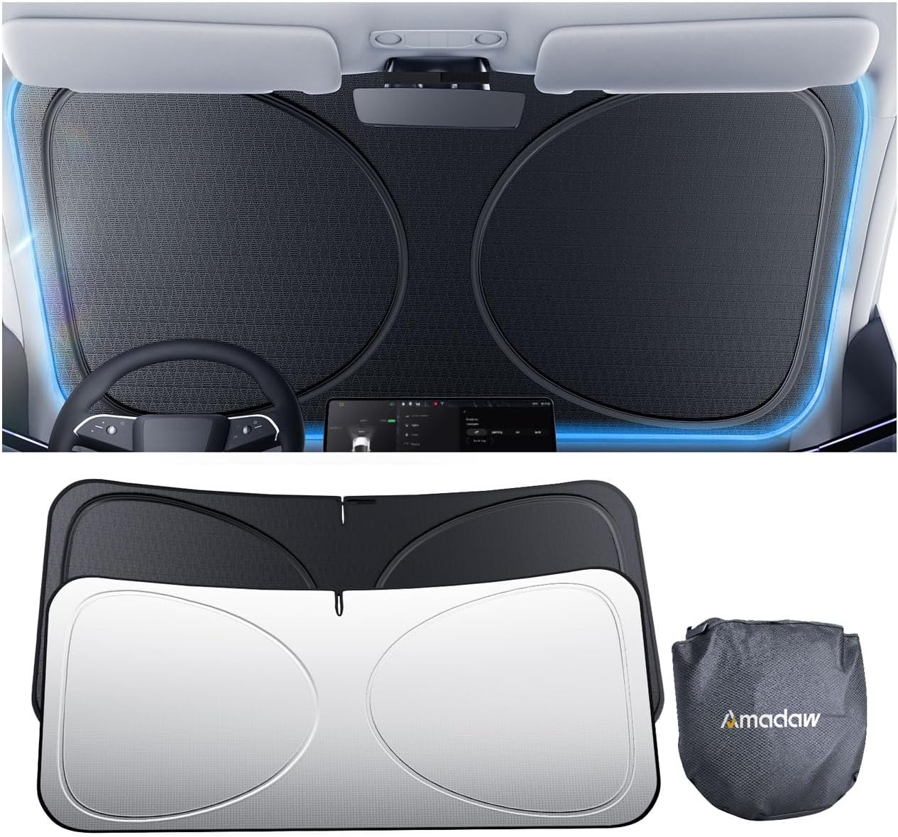Windshield Sun Shade for Sedans, SUVs & Trucks, Fit for Toyota, Chevr, Honda, Nissan & More | Multi-Layer UV Block & Heat Insulation | Keeps Car Cool & Protects Interior, Easy Storage with Bag