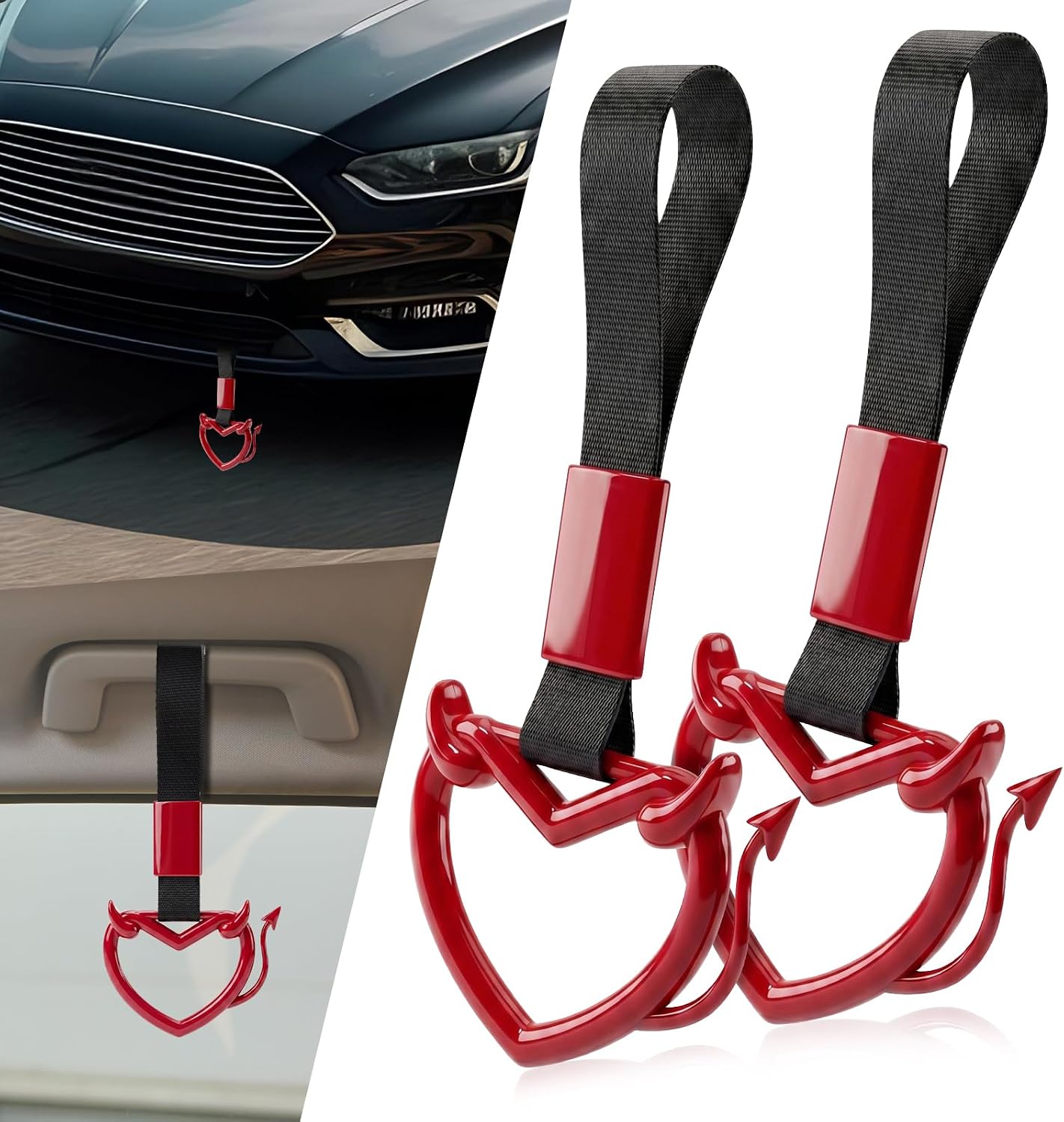 2 Pcs Devil Heart Shaped Car Handle Strap – JD M Drift Charm Rear Bumper Warning Ring Decor for Car Interior Exterior, Subway Bus Handle Accessory, Cute Heart Car Decor Gift (Red-Tail)