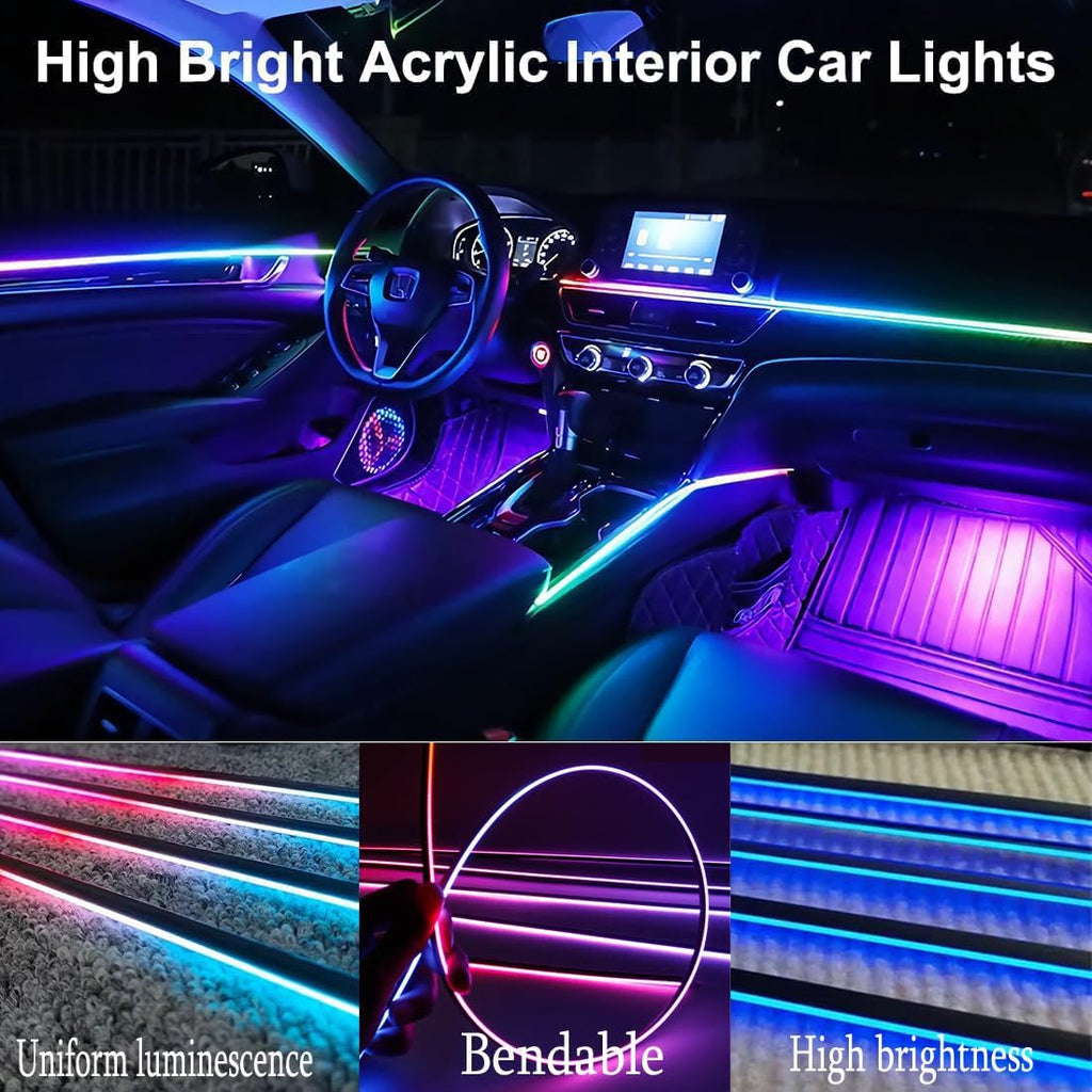 Acrylic Interior Car LED Lights with Remote and Wireless APP 6 in 1,Ambient Lighting Kits Fiber Optic Strip LEDs,16 Million Colors Music&DIY Function