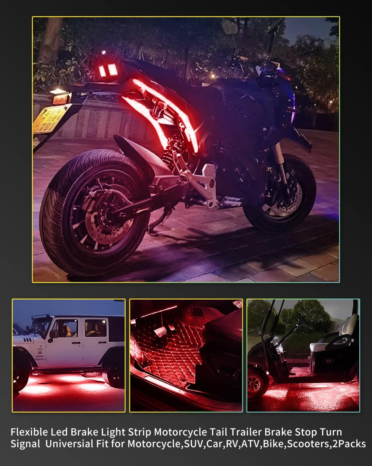 YONGMING 12 Volt Underglow Led Brake Light Strip, Tail Stop Turn Signal Flexible Led Light for Motorcycle Bike Car SUV RV Pack of 2 - Red