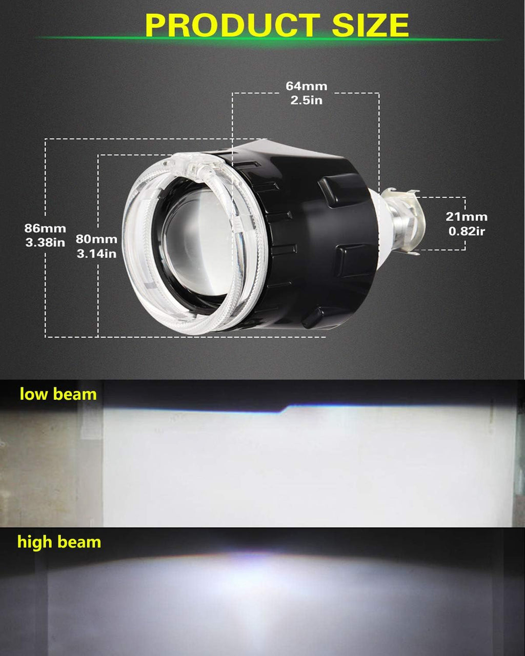 2.5 inch Bi-Xenon HID Projector Lens H4 H7 H11 Car Retrofit Styling Use H1 light Universal (Black Shroud with White Angel Eyes)