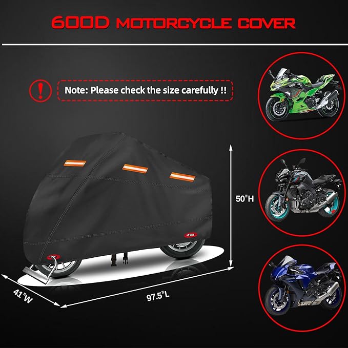 Motorcycle Cover, Heavy Duty 600D Oxford, Waterproof Outdoor, Weather Resistant - Image 2