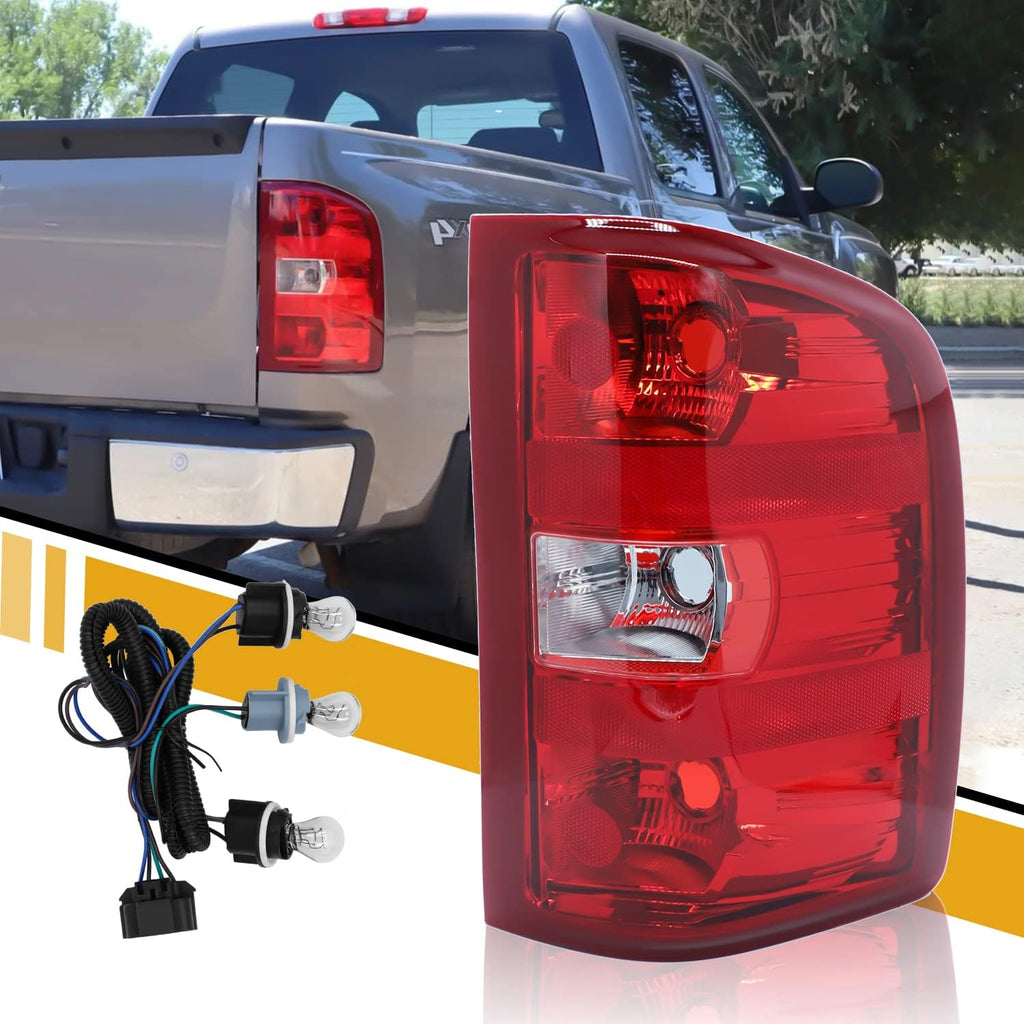Tail Light Assembly Compatible with Chevy Silverado 07-13 1500 | 07-14 2500 HD 3500 HD, OE-Style Replaces 25958483 GM2801207, w/Bulbs and Harness, Right Passenger Side, Red Border