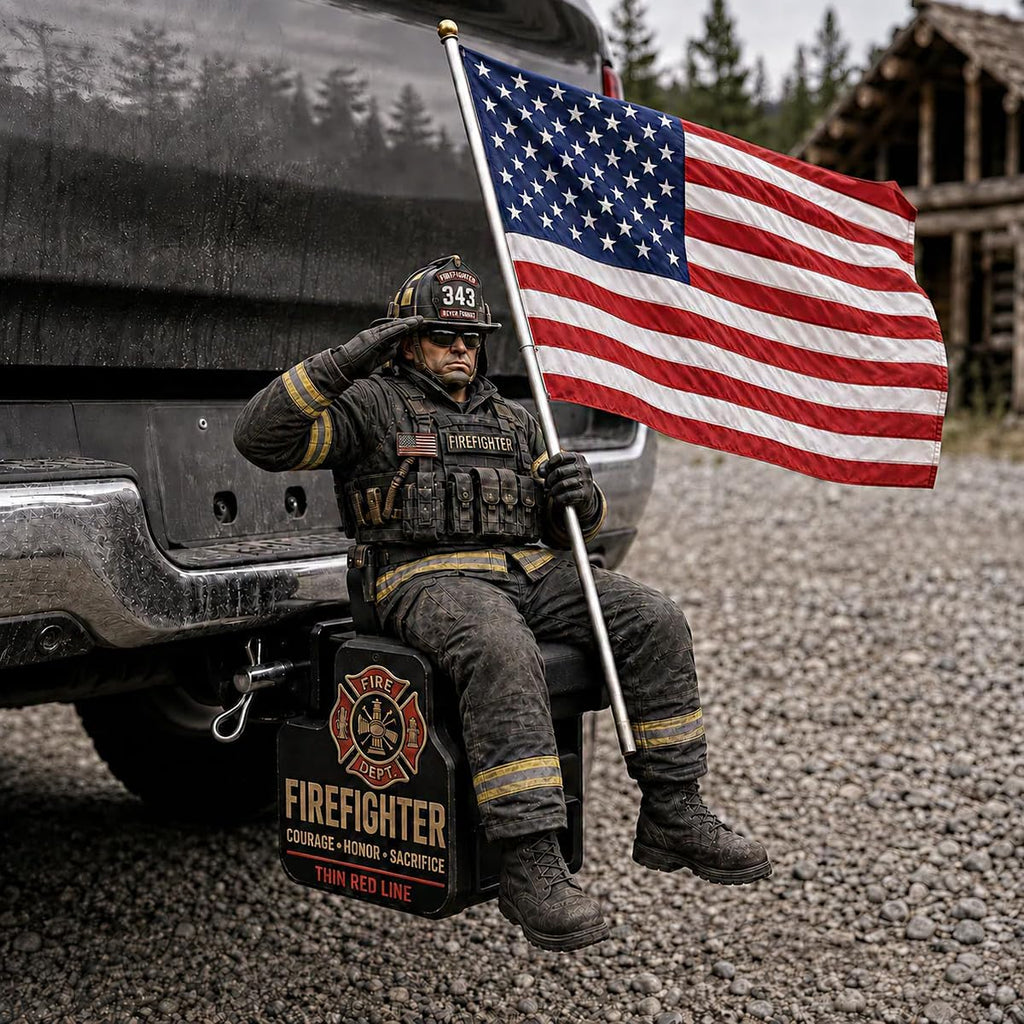 Firefighter Thin Red Line Tribute Trailer Hitch Cover, New Hitch Cover with Saluting Firefighter & American Flag, Vehicle Patriotic Decoration Accessories, Fits 2" Truck SUV Hitch Receivers