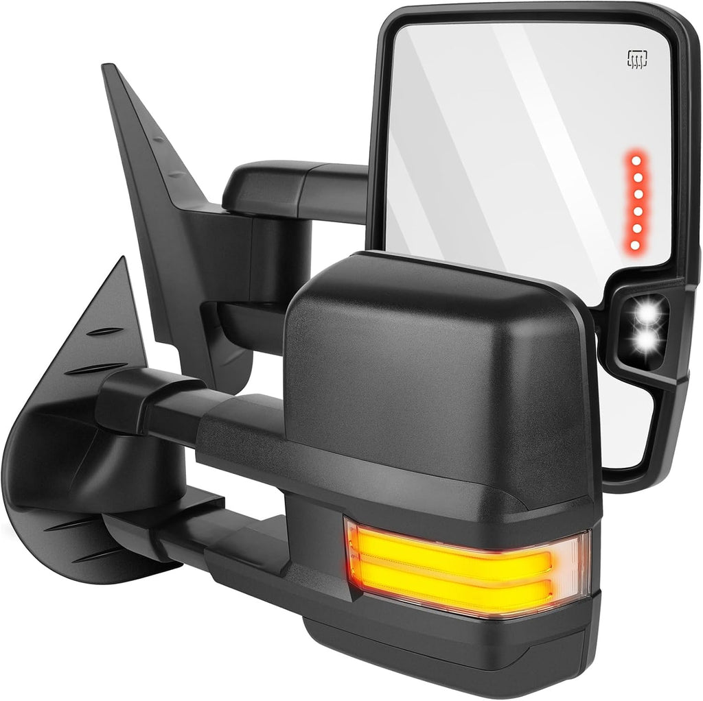 Tow Mirrors Pair suitable for 2007-2014 For Chevy Silverado For GMC Sierra 1500/2500 HD/3500 with Power Adjusted Heated LED Turn Signal Running Width Light BlackTowing Mirrors