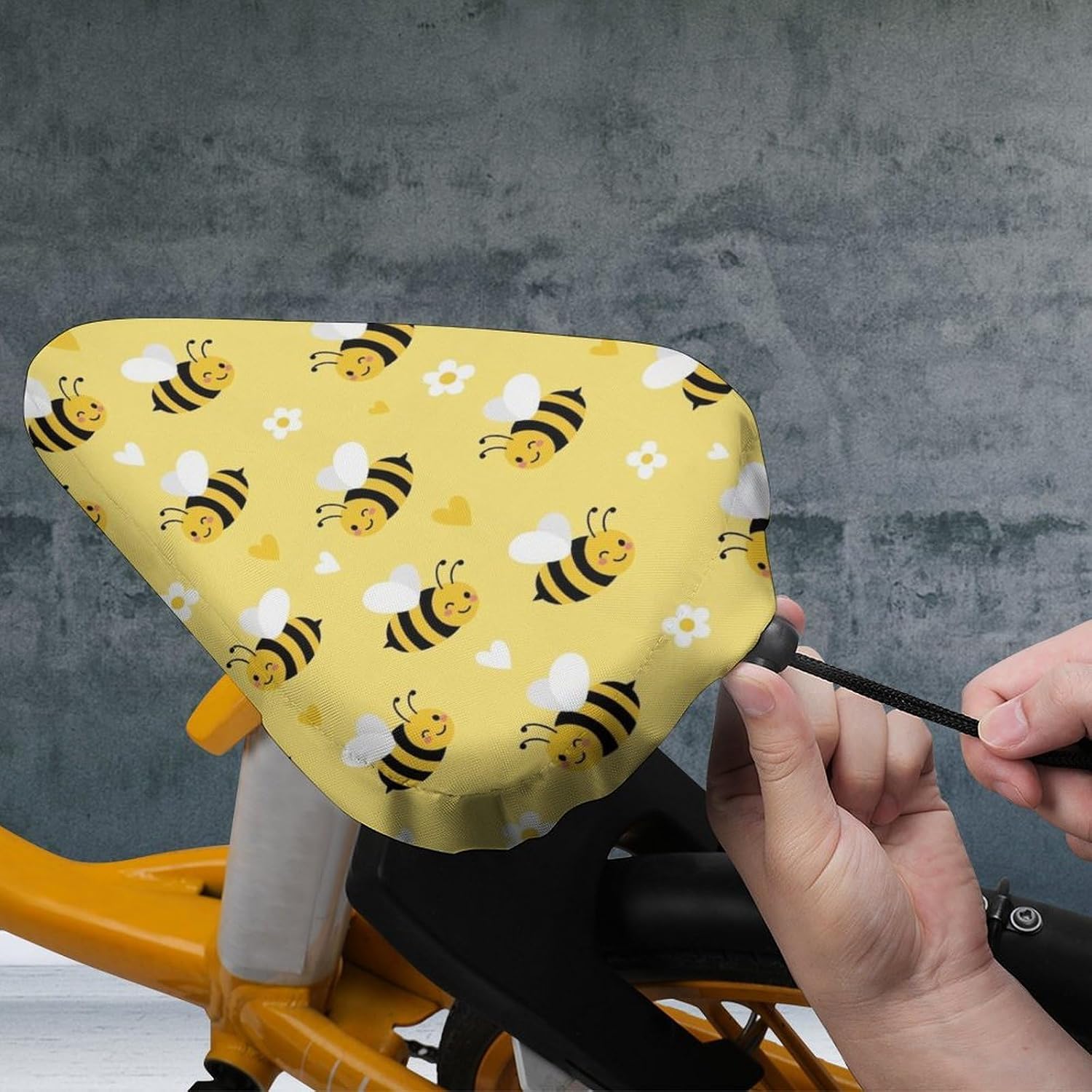 Bike Seat Cover for Most Saddles, Adjustable Bicycle Saddle Protector with Drawstring to Easy Store, Dustproof and Waterproof, Cute Honeybee Bee Light Yellow