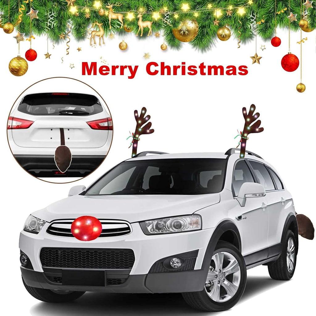 Reindeer Antlers for Cars, LED 2025 Christmas Car Decorations Kit with Jingle Bells, Nose, Tail, Multicolor Light-Up Rudolph Xmas Decor for SUV, Van, Truck