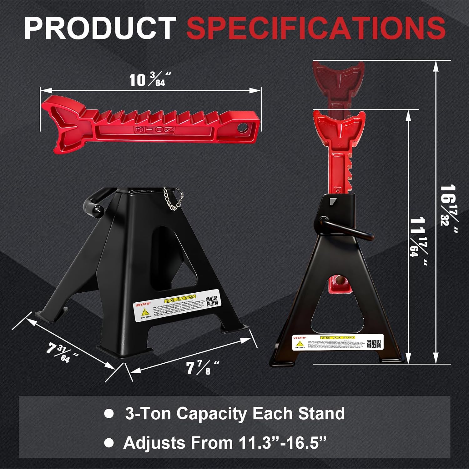 3 Ton Jack Stands (6,600 lbs) - Heavy Duty Car Jack Stand with Double Pin Locking, Adjustable 11.22"-16.54" Height, Extra Rubber Pads for Trucks, Garage, Home,DIY Use - 1 Pair Black+Red