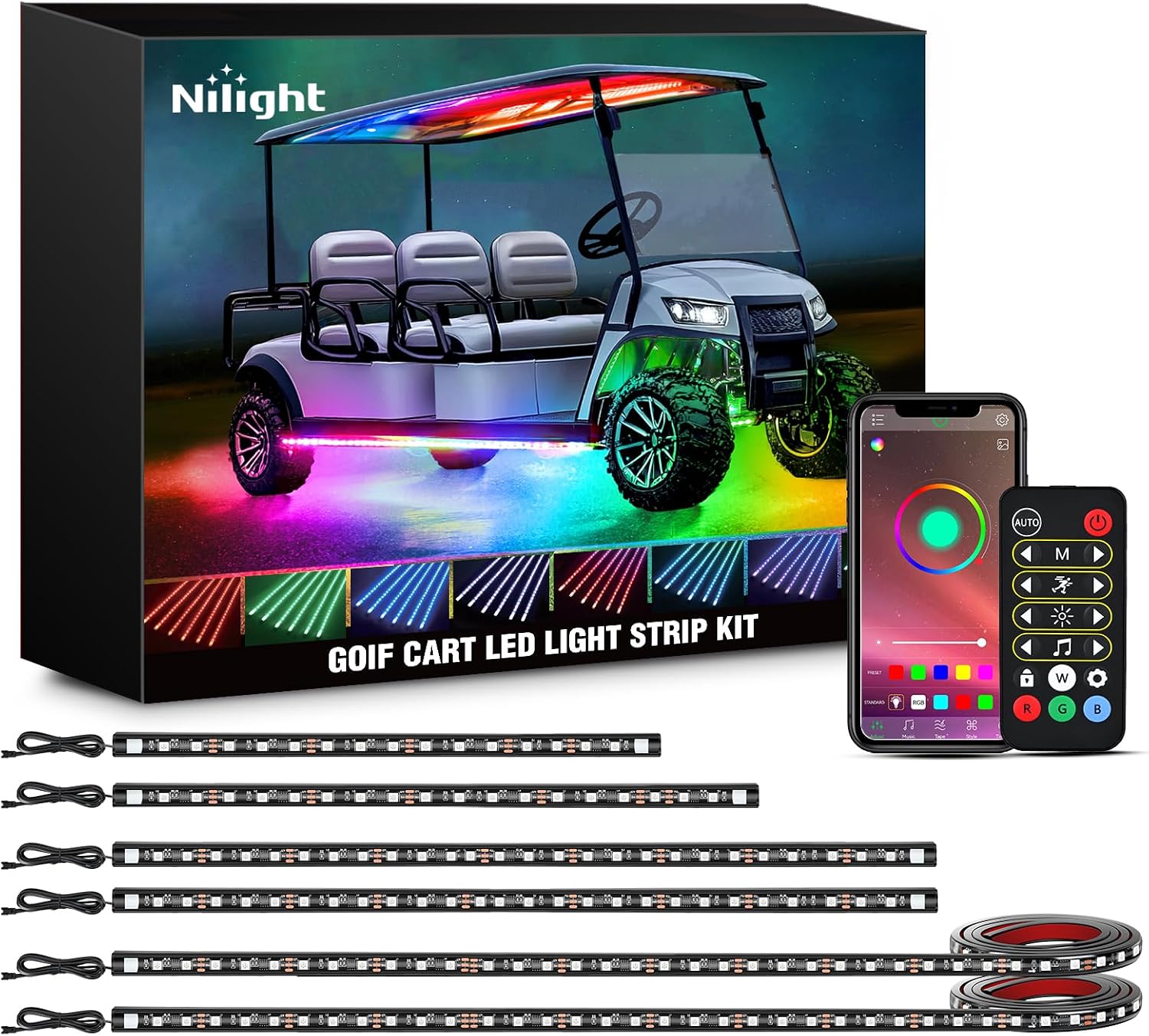 Nilight 6PCS Golf Cart Underbody Light Kit with Canopy Lights Dream Color Multi-Mode Neon Accent Lighting APP Remote Control Sound Active Music Sync IP67 Waterproof 12V-66V for EZGO Yamaha Club Car