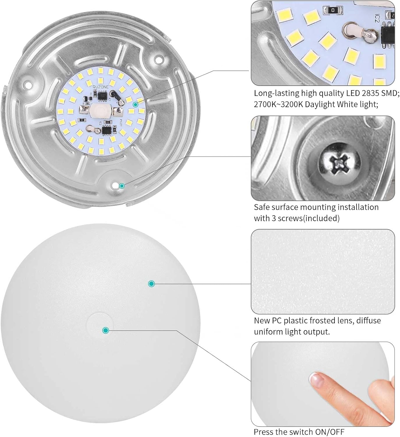 RVZONE 4.5 Inch RV LED Ceiling Puck Light RV Boat Interior Light DC 12V Surface Mount Ceiling Dome Light, 4.5W Panel Downlight for Camper Van Travel Trailer Motorhome (Warm Light, Pack of 5)