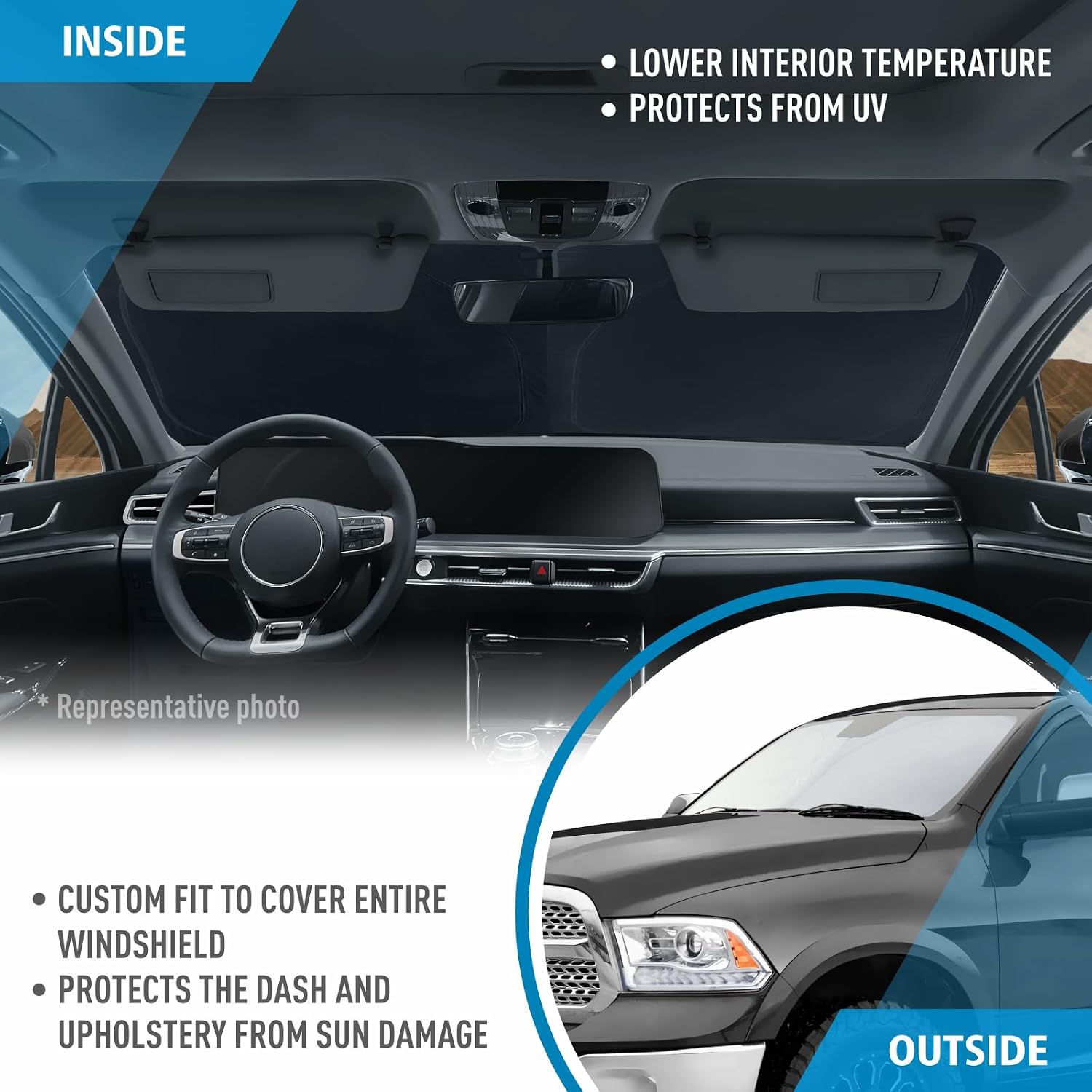 CLIM ART Windshield Sun Shade for Dodge Ram 1500 2009-2018, Custom-Fit Foldable Car Sunshade, Vehicle Sun Protector, Front Auto Windshield Cover, Car Accessories - WS4014