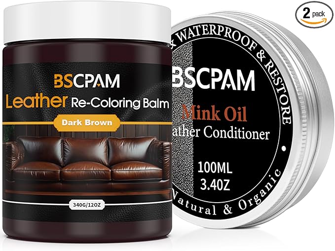 12oz Leather Recoloring Balm & 3.4oz Mink Oil Leather Conditioner kit, Dark by BSCPAM