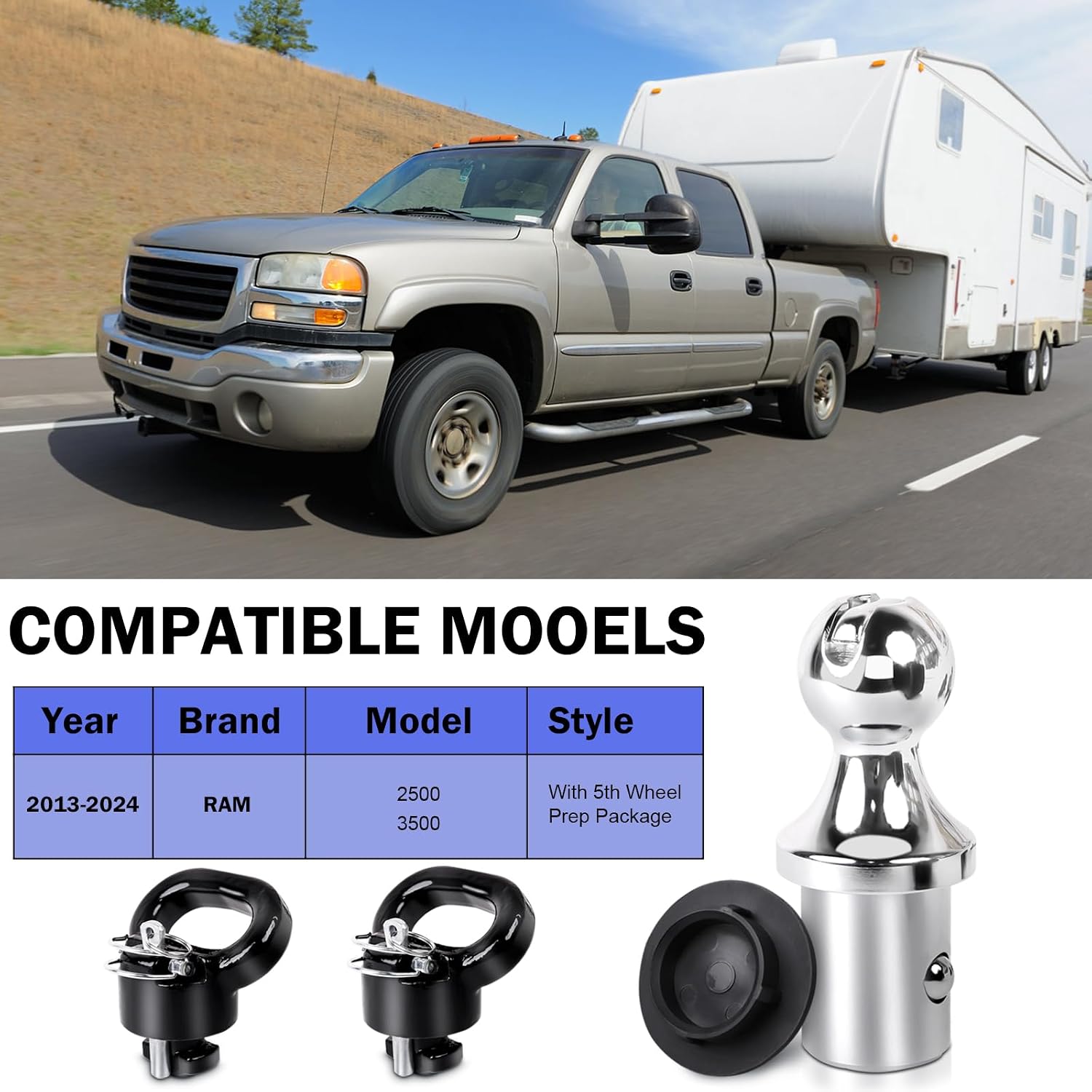Gooseneck Hitch Ball Kit - 60618 Puck System with 2-5/16-Inch Ball and 2 Gooseneck Safety Chain Anchors Fits for 2013-2024 Dodge RAM 2500 3500 Trucks, 38000 lbs GTW