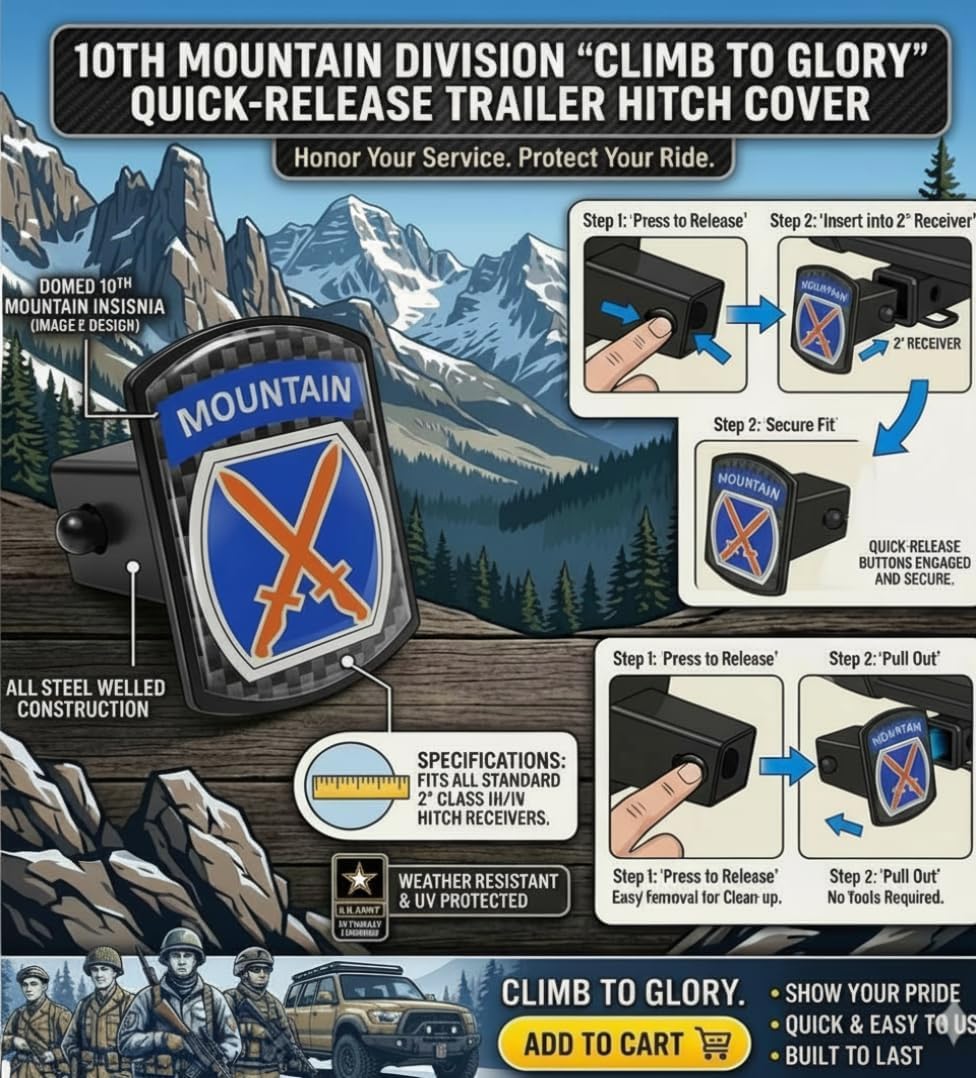 Freedom Forged 10th Mountain Division Climb to Glory Trailer Hitch Cover, Black Steel, Quick-Release, Fits 2-Inch Receivers