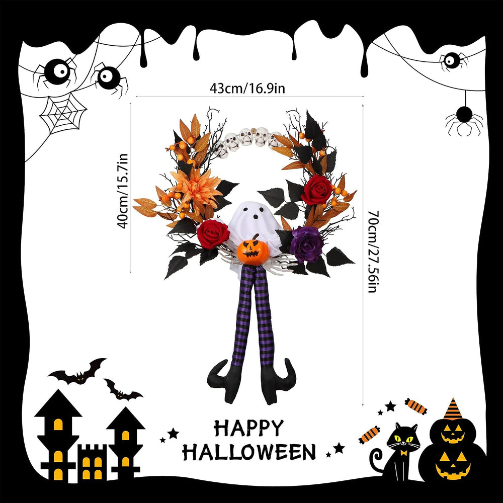 28Inch Length Halloween Wreath for Front Door, Gothic Lighted Fall Wreath