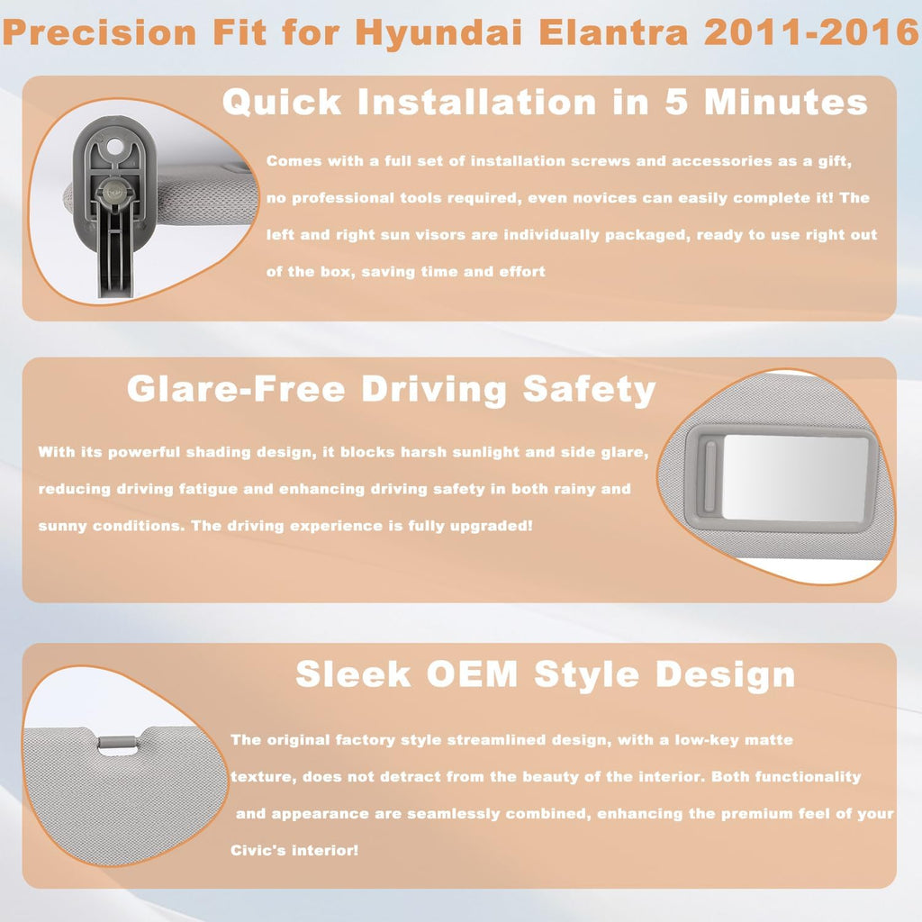 Right Passenger Side Sun Visor Compatible with 2011-2016 Hyundai Elantra (Not for GT Models) Sunvisor Replacement with Clip & Screws, Replaces# 85210-3X040-TX (Color Gray)