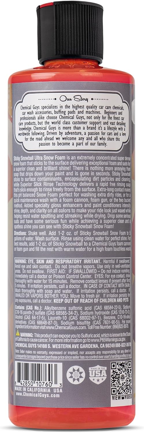 Chemical Guys CWS21516 Sticky Snowball Ultra Snow Foam Car Wash Soap (Works with Foam Cannons or Bucket Washes) Safe for Cars, Trucks, Motorcycles, RVs & More 16 fl oz, Cherry Scent