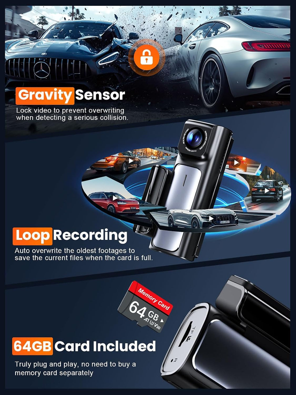 affver 4k+2.5k dash cam front and rear, built-in, package contents