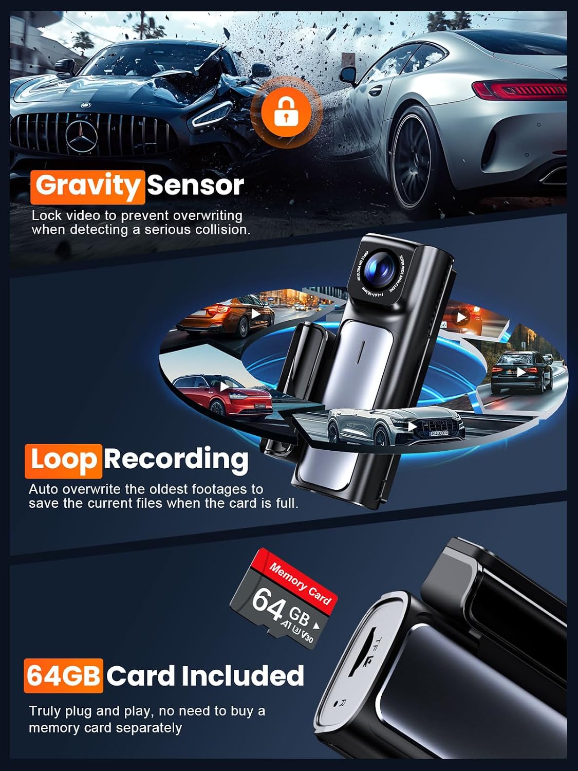 affver 4k+2.5k dash cam front and rear, built-in, package contents