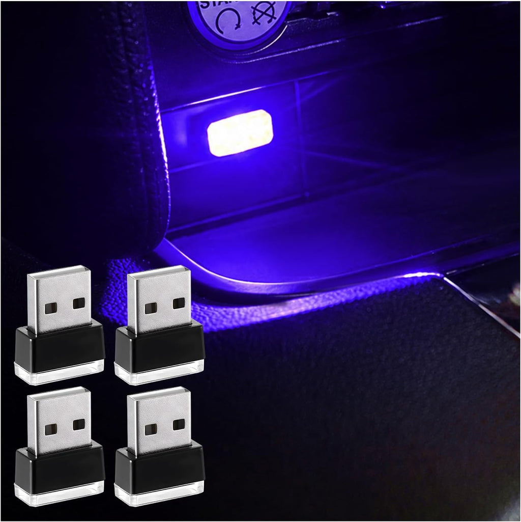 Augeny 4 PCS USB LED Car Interior Atmosphere Lamp, Plug-in USB Decor Night Light, Portable Auto Ambient Lighting Kit, Universal Vehicle Interior Accessories for Most Cars (Blue)