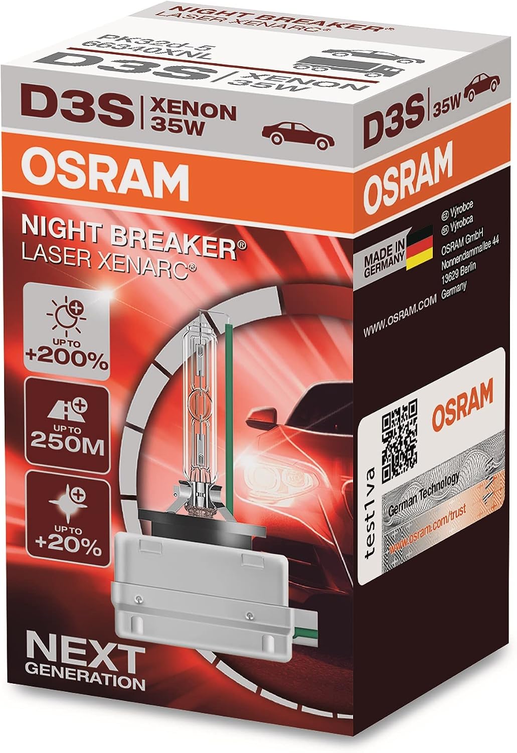 OSRAM XENARC NIGHT BREAKER LASER D3S, 200% more brightness, HID xenon bulb, discharge lamp, 66340XNL, folding box (1 lamp)