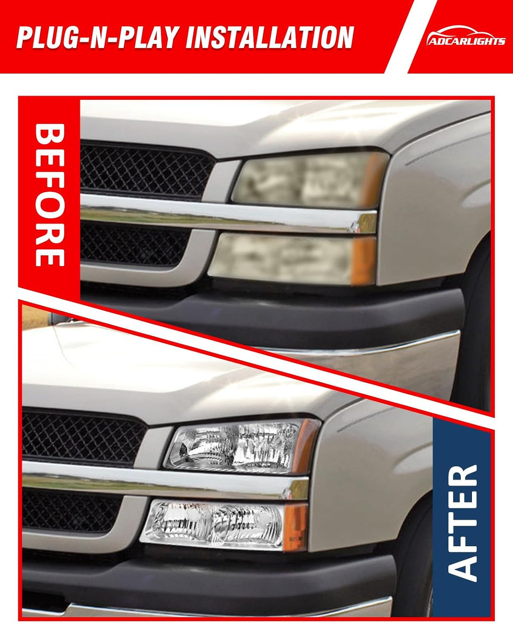 Compatible with 03 04 05 06 Chevy Silverado Avalanche 1500/2500/3500 Chrome Housing Headlight Assembly for 2003-2006 Silverado Headlamps Amber Left+Right(Fit NON-Body Cladding Models)