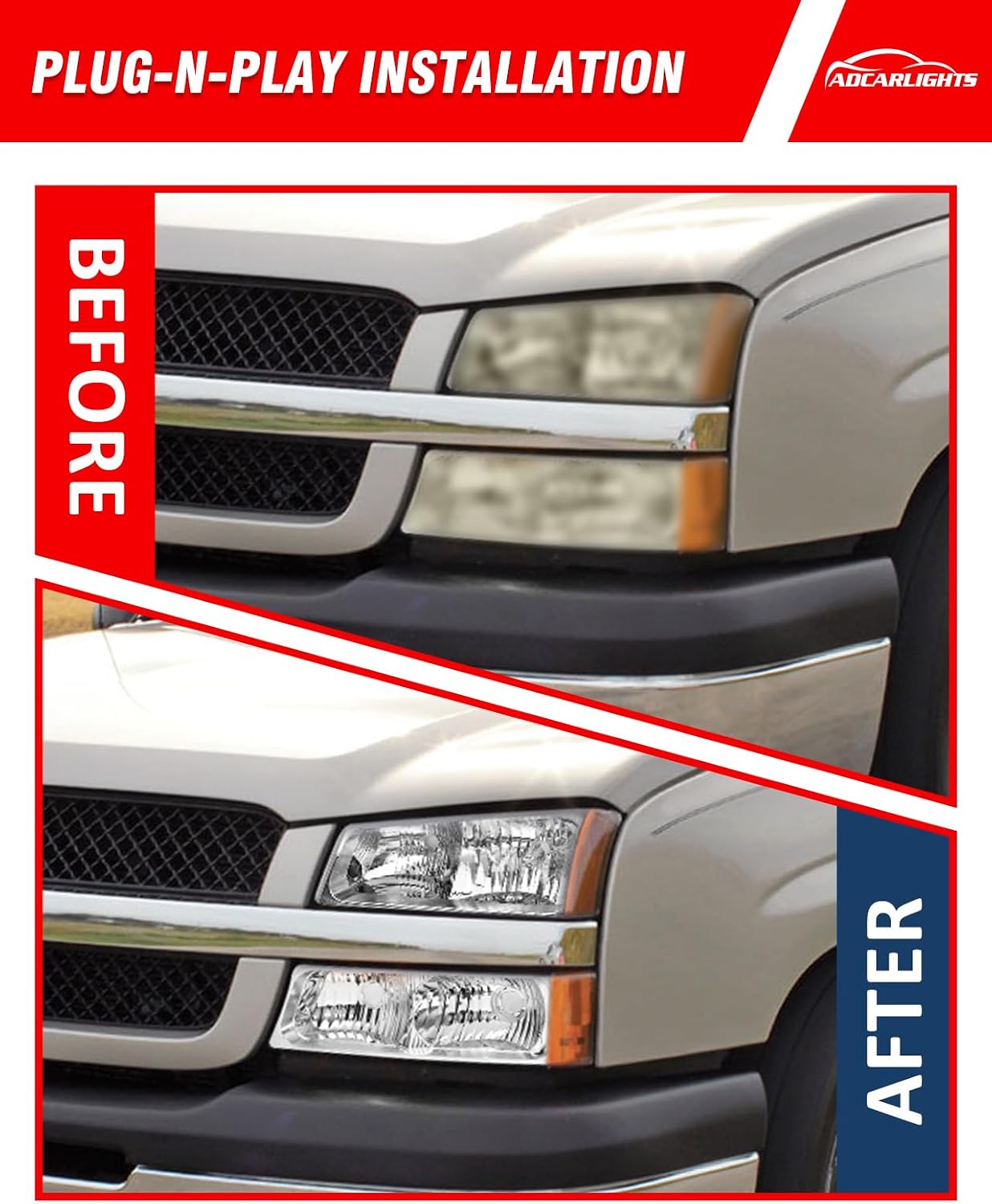 Compatible with 03 04 05 06 Chevy Silverado Avalanche 1500/2500/3500 Chrome Housing Headlight Assembly for 2003-2006 Silverado Headlamps Amber Left+Right(Fit NON-Body Cladding Models)