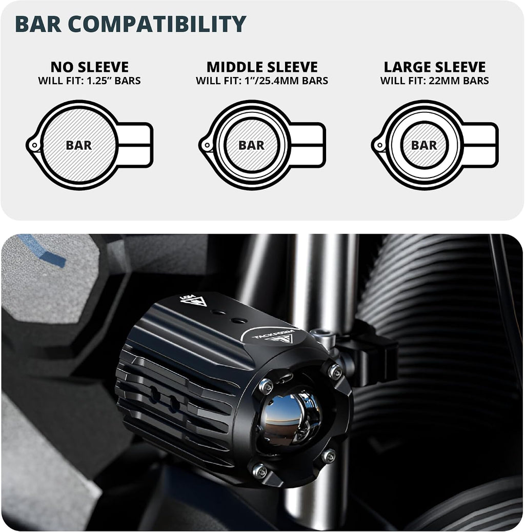 Tackform Dual Motorcycle Auxiliary LED Lights | 6000 Lumens, 60W, 3000K-6000K, IP68 Waterproof | Billet Aluminum | 360° Swivel Mount | For 7/8", 1”, 1 1/4" Bars Only | Motorcycle, 4 Wheeler, Dirt Bike