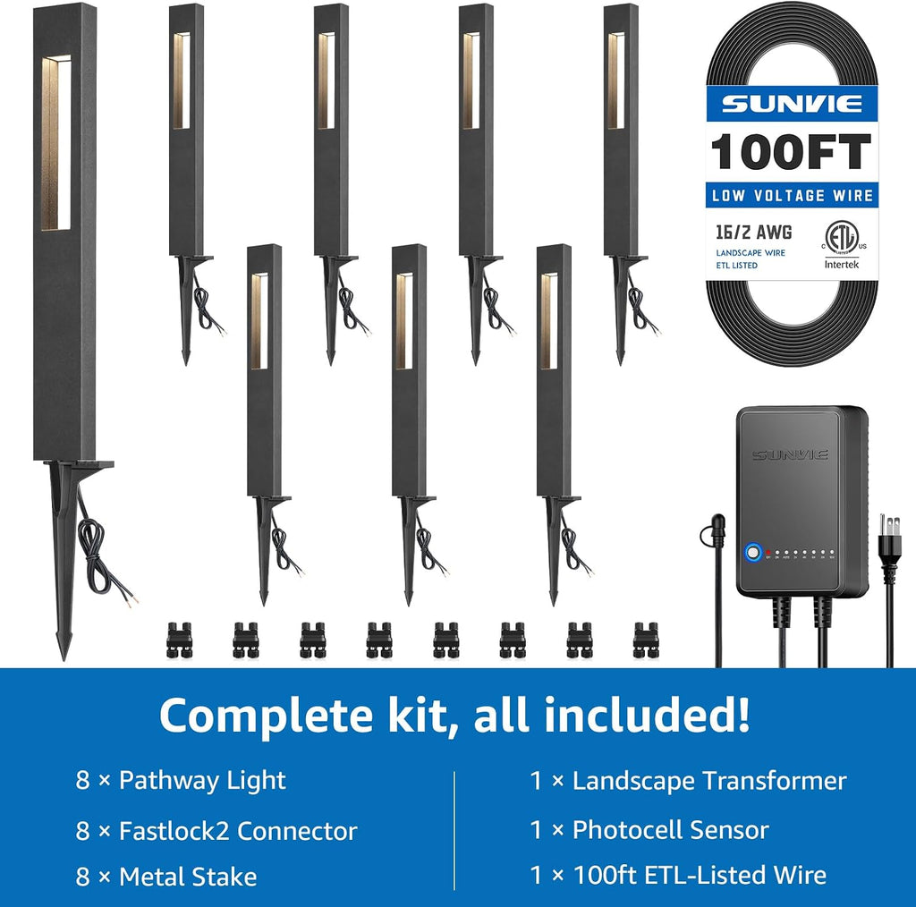 sunvie all-in-one led low voltage landscape lighting kit on a desk or shelf