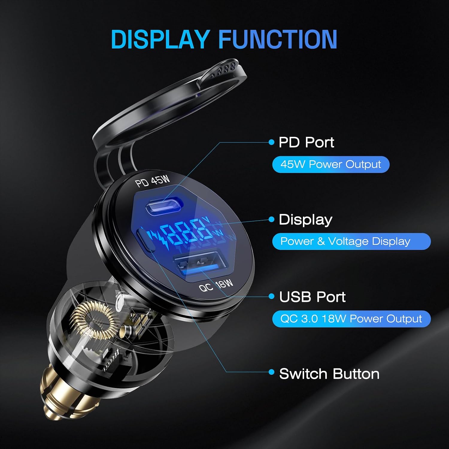 Din Hella Plug to USB Charger Adapter: 45W USB C PD3.0 & 18W QC3.0 Motorcycle Charger Outlet for 12V-24V BMW Triumph Tiger Ducati, Waterproof Dual Phone Fast Charge Port Powerlet with LED Voltmeter