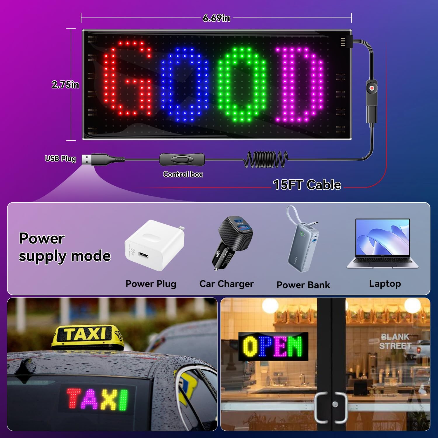 Front Windshield Light Signs for Car | Programmable LED Car Sign | Taxi Flexible LED Advertising Sign | Bluetooth APP | Custom Editor Animations/Text