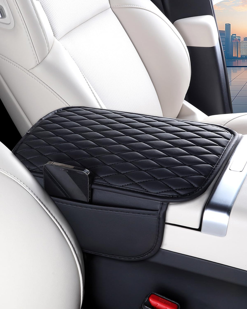 ESKONKE [Upgraded] Car Center Console Cover with 2 Storage Bags - Premium Nappa Leather Armrest Cover, Scratch & Wear Resistant, Waterproof Car Interior Accessories (Black)