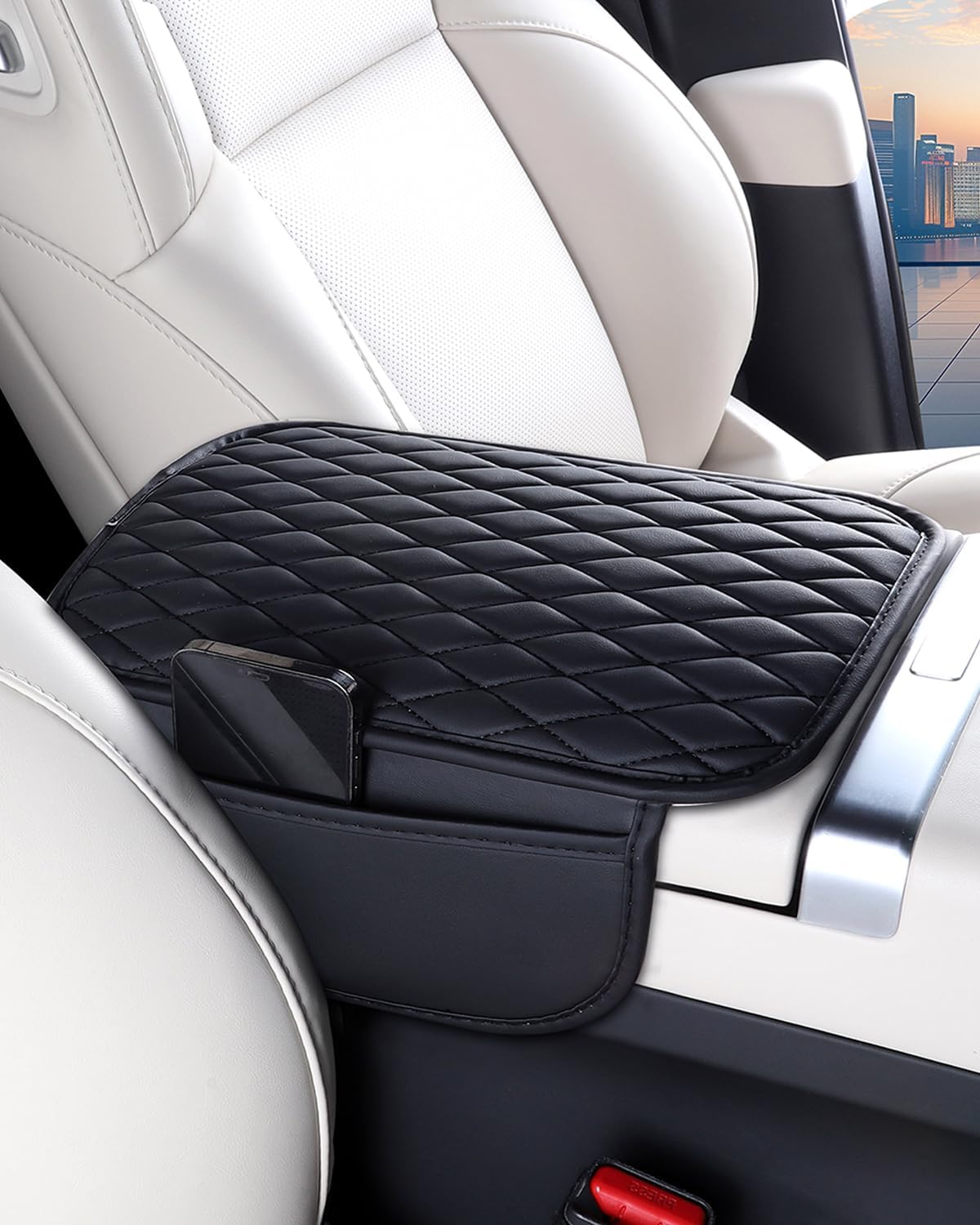 ESKONKE [Upgraded] Car Center Console Cover with 2 Storage Bags - Premium Nappa Leather Armrest Cover, Scratch & Wear Resistant, Waterproof Car Interior Accessories (Black)