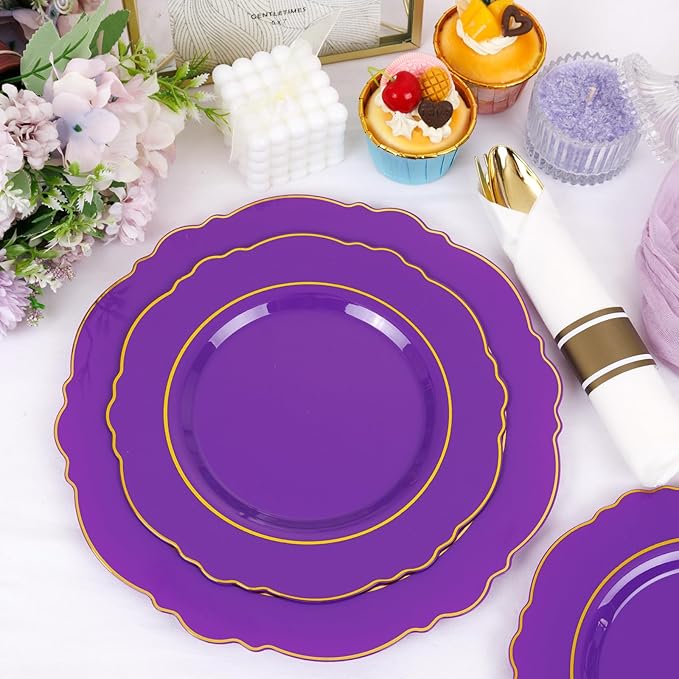 Liacere 350PCS Purple Plastic Plates-Disposable Purple and Gold Plates 50 gue...