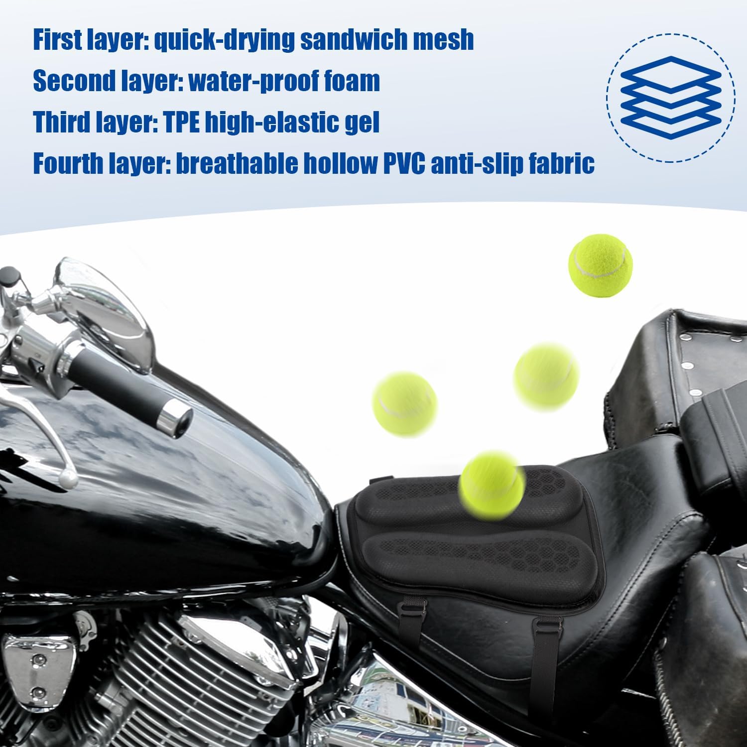 NQEUEPN Universal Motorcycle Seat Cushion, High Elastic Gel 3D Honeycomb Gel Seat Cover Pad Breathable Shock Absorption Motorcycle Passenger Long Rides Accessories