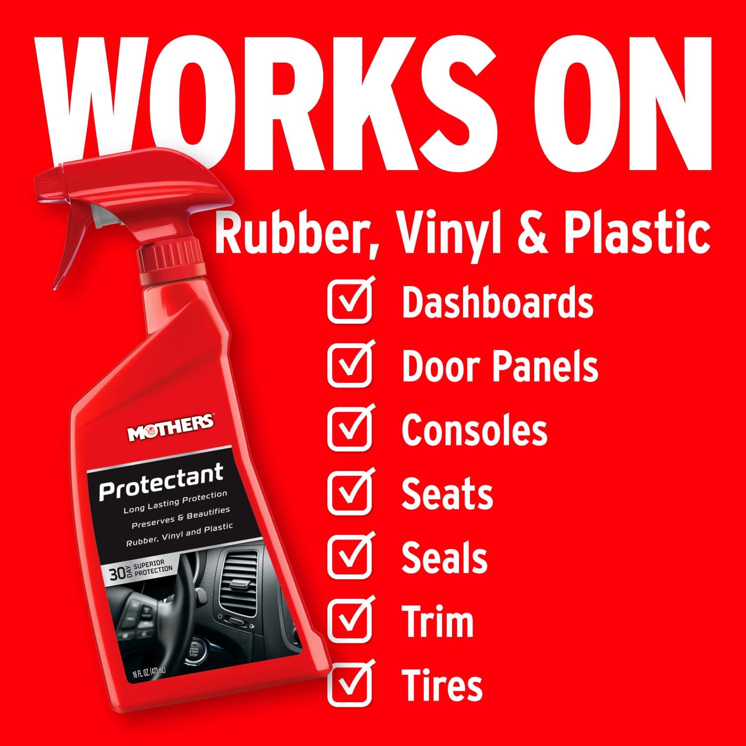 Mothers Protectant, 16 oz. (05316) | Long-Lasting UV Protection for Rubber, Vinyl & Plastic, Shields Dash, Trim, Bumpers & Tires from Fading, Cracking & Drying