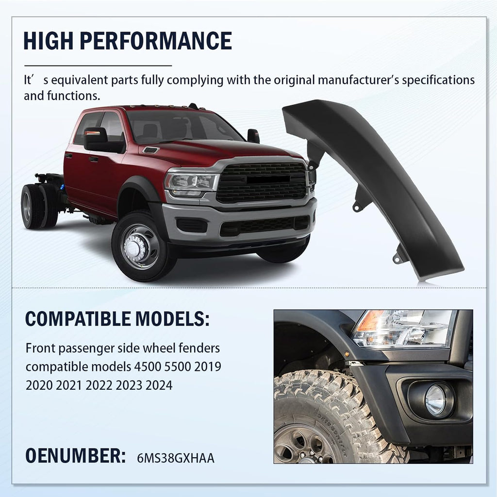 Front Passenger Side Wheel Fender Flare Molding Fit for Ram 4500 5500 2019 2020 2021 2022 2023 2024 Replace 6MS38GXHAA