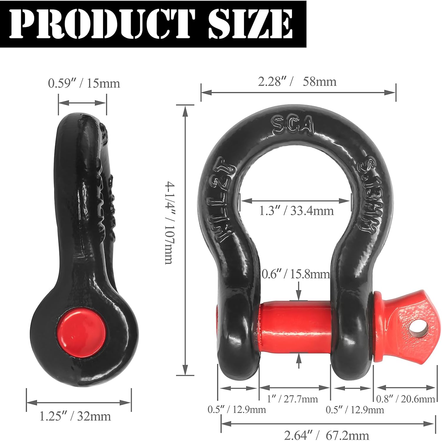 1/2" D Ring Shackle with 5/8" Screw Pin, 2T Working Load Limit (WLL) / 12T (26,455 lb) Minimum Breaking Strength (MBS) for Tow Strap Winch, Off-Road Vehicle Recovery (Black/Red, 2 Pack)