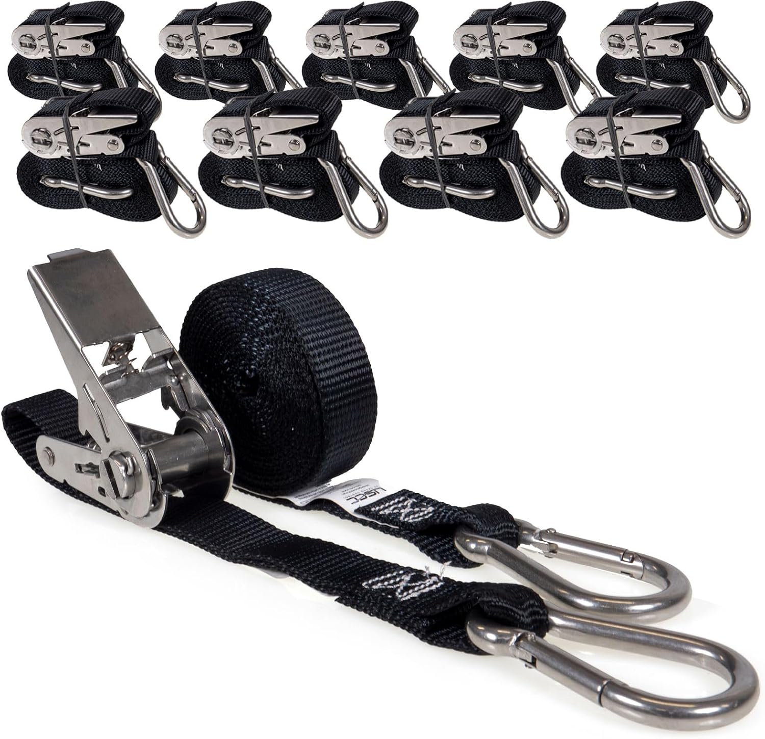 US Cargo Control Stainless Steel Ratchet Straps with Carabiner Hooks 1" X 10' (10 Pack), 500 LBS Break Strength, Marine Tie Down Straps for Boats, ATVs, Trees, Camping, Snow, Saltwater Applications