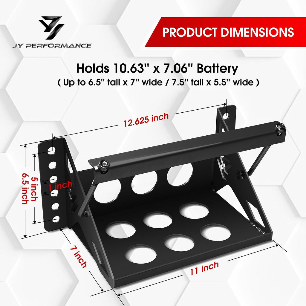JY PERFORMANCE Metal Battery Tray Box, Universal Metal Steel Bolt-in Battery Mounting Box Tray Bracket for Car Trailer Boat - Fits up to 10.63"×7.06"×7.5", Anti-Rust Corrosion-Black