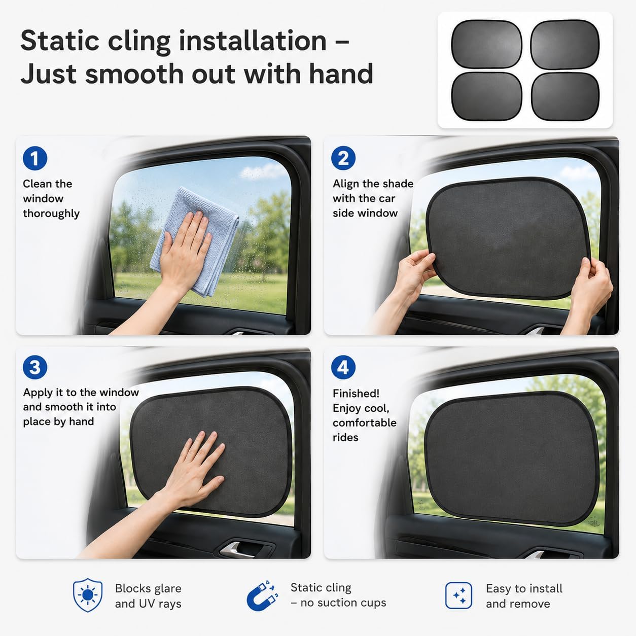 Car Window Sun Shades for Baby, Static Cling Side Window Cover, UV Ray and Glare Protection, 20 * 12&14 * 18 Inch, 4 Pack